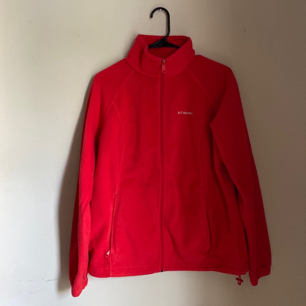 Woman’s Columbia Fleece Jacket — red. Size L.